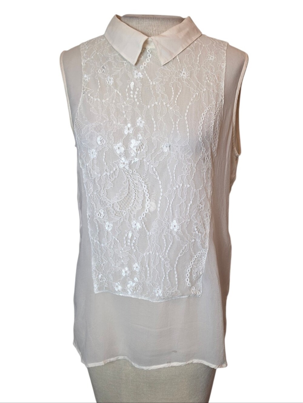 Maje Lace-Front Silk Blouse Size L Ivory Sleeveless Lightweight Feminine Fairy